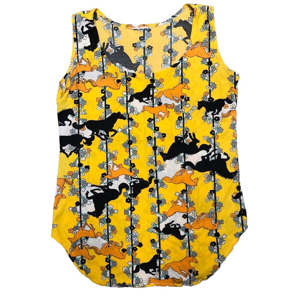 Vintage Womens M Yellow Horses‎ Floral Tank Top Western Hippie Retro 70s Nylon